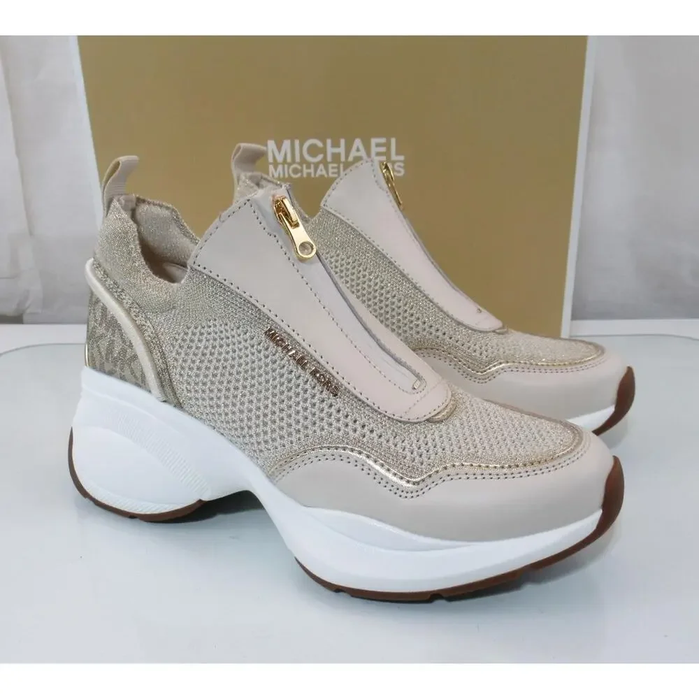 Michael Kors Zuma Slip On Trainer Sporty Wedge Sneakers Leather Pale Gold